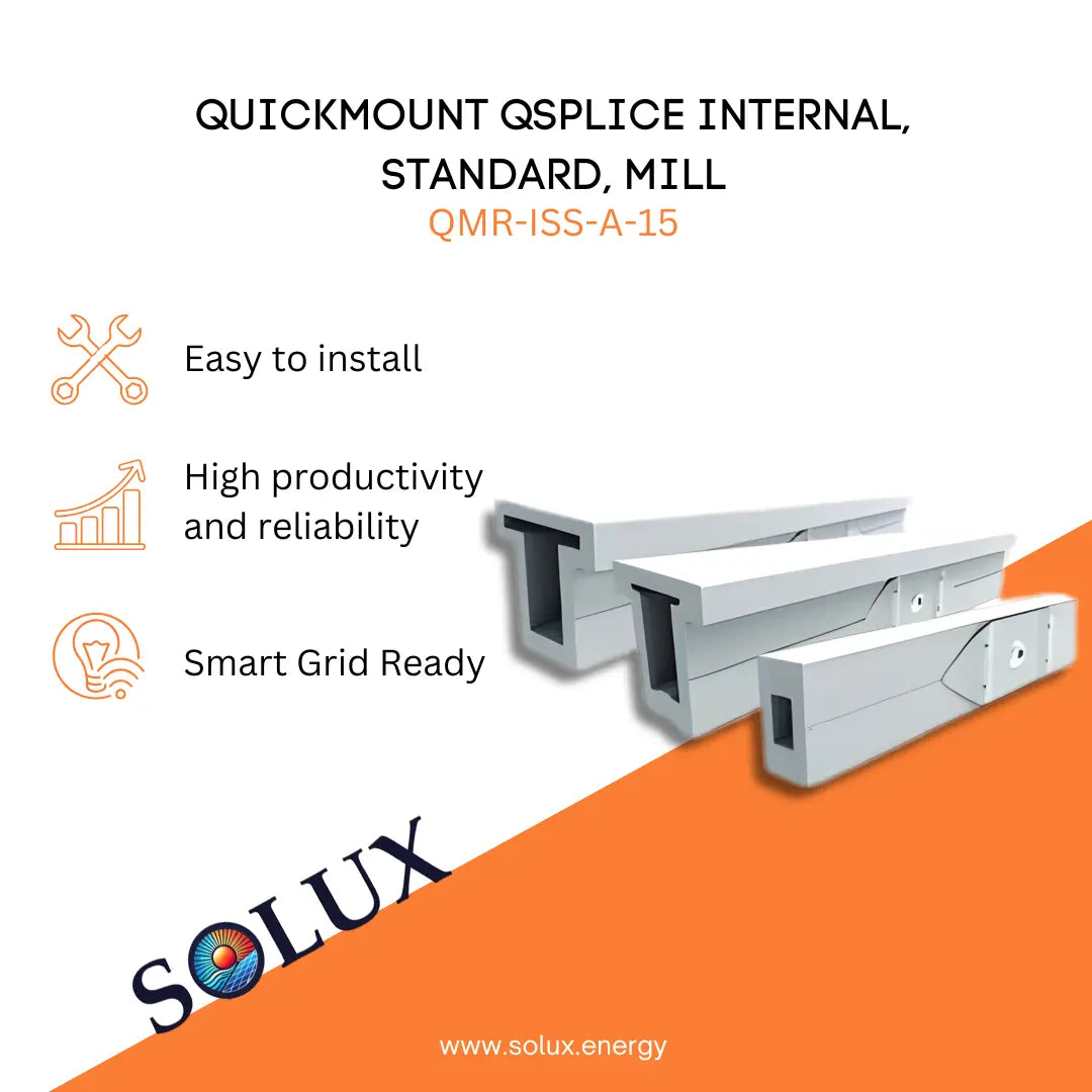 Marketing graphic for the QuickMount Solar Splice, QSplice Internal, Standard, Mill (QMR-ISS-A-15), showcasing three silver mill-finish aluminum internal rail splice components designed for seamless structural alignment of mounting rails. Includes SOLUX branding and icons for easy installation, high productivity/reliability, and smart grid readiness.
